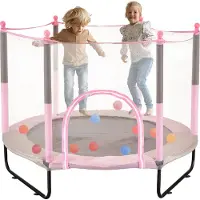 Vevor 60" barnstudsmatta, 1,5 meter inomhus- och utomhusstudsmatta, mini-studsmatta för småbarn med säkerhetsnät och basketkorg, födelsedagspresenter, julleksaker för barn från 3 år, rosa
