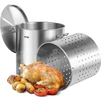 Vevor Rostfritt Stål Buljongkastrull, 84 Quart Stora Kokgrytor, Kokkärl Såskastrull med Korg, Lock och Handtag, Kraftig Kommersiell Buljongkastrull, Slipbehandling, För Stora Grupper/Evenemang Silver
