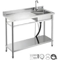 Vevor Rostfritt Stål Diskbänk, Fristående Enkel Hob Köksdiskbänk med Kran, Vänster Diskbänk med Varm- och Kallt Vattenrör för Garage, Restaurang, Tvättstuga, 1200x500x940mm