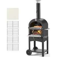 Vevor Utomhuspizzaugn, 30 cm pelletsugn, vedeldad pizzaugn med 2 lager, vedeldad pizzaugn för utomhusbruk med 2 avtagbara hjul, maxtemperatur 380°C, pizzaugnar för grillning