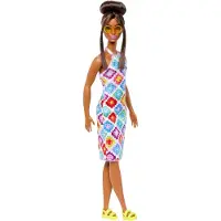 Barbie Fashionistas Doll #210 med brunett hr i bulle med avtagbar frgglad virkad grimklnning Solglasgon och sandaler
