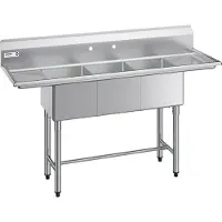 Vevor diskho med 3 fack, 18 gauge 304 rostfritt stål, 356x400x279 mm, diskho med 3 fack för kommersiellt kök, förberedelse- och tvättställ, 2 avrinningsbrädor och bakstänkskydd för restaurang, food tr