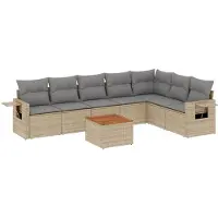 vidaXL Matgrupp för trädgården med dynor 8 delar beige konstrotting