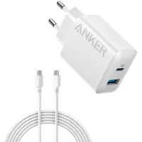 Anker USB C-laddare 20W - - Laddare för iPhone och iPad - Snabbladdning - 2 portar - Vit