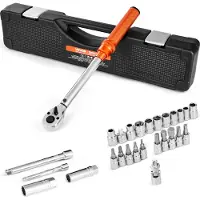Vevor Click momentnyckelsats, 3/8-tums fattning, 5–60 Nm / 3,7–44,3 lbf.ft, dubbelriktad, 72 tänder, ±3 % hög precision, med hylsor, bits, förlängningsstång, tändstiftshylsor, adapter, orange