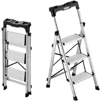 Vevor 3-stegsstege, hopfällbar pall med bred halkfri pedal och bekvämt handtag, bärbar aluminiumstege med kapacitet på 150 kg, mångsidig för kök, lager, hushåll och kontor, silver