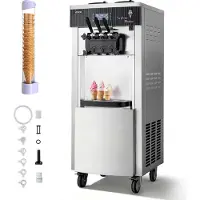 Vevor Kommersiell glassmaskin, 20–28 l/h kapacitet, 2200 W fristående mjukglassmaskin med 3 smaker, 2 x 6 l trattar och trattomrörning, förkylning och självrengöring för snacks och dessertrestauranger