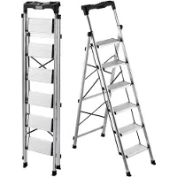 Vevor 6-stegsstege, hopfällbar pall med bred halkfri pedal och bekvämt handtag, bärbar aluminiumstege med kapacitet på 150 kg, mångsidig för kök, lager, hushåll och kontor, silver