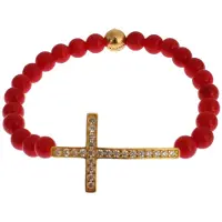 Nialaya Röd Korall Guld CZ Kors 925 Silver Armband
