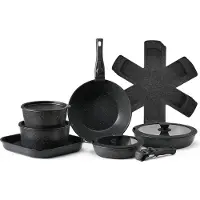Vevor 17-delars kastrull- och stekpannset, granit nonstick-kokkärl med avtagbart handtag, platsbesparande induktionskokar, köksset för husbil med stekning, sås och sauté, lock med härdat glas, ugnssäk