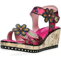LAURA VITA Dam Ballon 08 Fuchsia Rosa Blommiga Läderkil Espadrill Sandaler