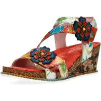 LAURA VITA Dam Bonito 32 Orange Blommig Läder Kilklack Espadrill Sandaler