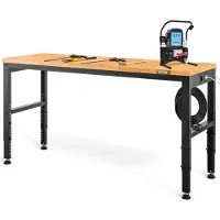 Vevor Arbetsbänk Justerbar höjd, 135 cm BX 46 cm DX 97 cm H Garagebord med 72 – 97 cm höjder &amp; 900 kg lastkapacitet, med eluttag &amp; lövträskiva &amp; metallram &amp; fotkuddar, för kontorshem