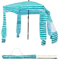 Vevor Strandcabana, 1,83 x 1,83 m strandtak med sidovägg, UPF 50+ skydd, lättuppsatt cabanatält med sandfickor, bärbart solskydd för hela familjen, vänner, gröna ränder