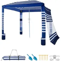 Vevor Strandcabana, 2,4 x 2,4 m strandtak med sidovägg, UPF 50+ skydd, lättuppsatt cabanatält med sandfickor, justerbar höjd, bärbart solskydd, parasoll för familj, marinblå ränder