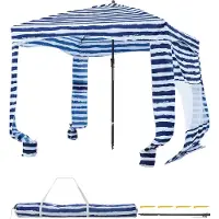 Vevor Strandcabana, 1,83 x 1,83 m strandtak med sidovägg, UPF 50+ skydd, lättuppsatt cabanatält med sandfickor, bärbart solskydd för hela familjen och vänner, marinblå ränder