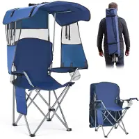 Vevor Campingstol med solskydd, Hopfällbar strandstol med solskydd och tidningsficka, 2 mugghållare, 150 kg kraftigt stöd, Bärväskor för utomhusbruk, camping, fiske, bakluckor, djupblå