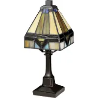 QUOIZEL Tiffany bordslampa Holmes, Brun / mässing, Vardagsrum / matsal, Glas, Tiffany, Bordslampa