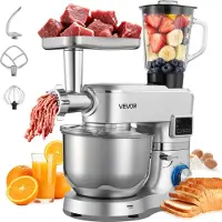 Vevor köksmaskin, 5,7 l elektrisk köksmaskin, 1500 W degmixer, 6+ hastigheter, tiltbart huvud, 1,5 l mixerkopp, skål i rostfritt stål, degkrok, visp, visp, för bakning, mixning, silver