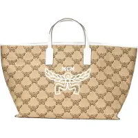 Mcm Himmel Broderat Märkesmönster Raffia Textil Jacquard Toteväska Shoppingväska Axelväska Handväska Mellanstor Damväskor MWPFSAC02IN001 Basic Set (Bag+Dust Bag)