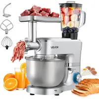Vevor köksmaskin, 6 l elektrisk köksmaskin, 1500 W degmixer, 6+ hastigheter, tiltbart huvud, 1,5 l mixerkopp, skål i rostfritt stål, degkrok, visp, visp, för bakning, mixning, silver