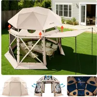 Vevor Pop-up-paviljongtält med skärm, 3,6x3,6 m, 13-sidigt sfäriskt campingtält med avtagbart tak och bärväska, snabbmonterat och bettsäkert, skärmtält med solskydd för 8-10 personer, beige