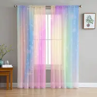 Yiran Furniture Sjöjungfruskal Ocean Regnbåge Skira Gardiner för Sovrum Vardagsrum Dekoration Fönstergardin Kök Tüll Voile Organza Draperier W135 x H115cm x1&Grommet Top