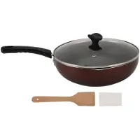 Cosy Homes Non-stick stekpanna med lock Belagd wokpanna Multifunktionella matlagningsredskap för hemmabruk Järnkomposit Trä L(for 6.5-9kg)