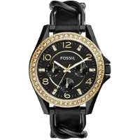 Fossil Riley Svart urtavla Svart läderarmband Klocka för damer ES3696 svart