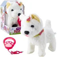 Leantoys interaktiv hund med rosetter i koppel, vit