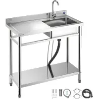 Vevor diskho i rostfritt stål, fristående diskho för kommersiellt kök med kran, 1000 x 500 x 940 mm, vänster handfat med varm- och kallvattenrör för garage, restaurang, tvättstuga