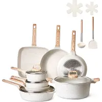 Vevor 19-delat kastrull- och stekpannset med nonstickbeläggning, kokkärl i granit, induktionskokkärl, kokkärl för husbilar med stekning, sås och sauté, lock i härdat glas och stekpannskydd, vit