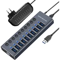 Mtp Products 10-portars USB 3.0 Hub med individuella strömbrytare - Grå