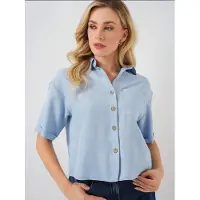 Bigdart Linneblandad kortärmad knäppblus crop shirt
