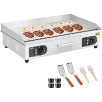 Vevor Kommersiell elektrisk stekpanna, 4400W bänkgrill med halv platt topp, 122℉-572℉ justerbar temperatur, 28,74x15,75x0,39 tum stekpanna i rostfritt stål med 2 spadar och 2 borstar för hem eller res