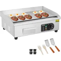 Vevor Stekpanna för kommersiellt bruk, 535 x 300 mm, 3200 W, 50–300 °C justerbar temperaturkontroll, rostfritt stål, halvräfflad halvplatt, med 2 spatlar, 2 borstar och 4 fotplattor, för biff, pannkak