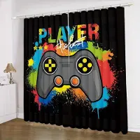 Household supplies MH 2 st Ljusblå Röd Spelkontroll Mönster Gardin För Sovrum Vardagsrum Lekrum Fönster Draperier Väggdekorationer Med Gratis Tillbehör W60H60(CM)x2pcs&Grommet Top