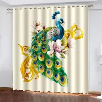 Household supplies MH Blå Påfågelfjäder Fönstergardin Kreativa Vita Blommor Fjäril Kinesisk Stil Konsttryck Moderna Sovrum Heminredning Gardiner W60H60(CM)x2PCS&Grommet Top