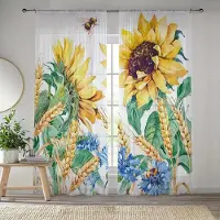 Yiran Furniture Glamorösa Fönsterdraperier med Solrosmönster för Vardagsrum och Sovrumsfönster - Stångficka Halvskira Vintage-stil Heminredning 100W130H(CM)40x51in&Grommet Top white