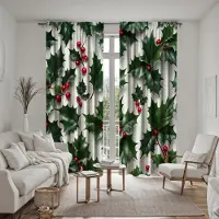 Household supplies MH 2 stycken HD julgrön blad vit kant järnek bär gardin Grön digitaltryckt gardin heminredningsstil Decorat W52H63inchW132H160cm