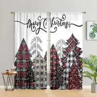 Household supplies MH 2 delar, God Jul Röd Buffelrutig Träd och Snöskog Bondgårdsgardiner - Vardagsrum Sovrum Hemdekoration W150CM H166CM&Rod pocket