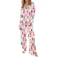 Weft Dammode Satin Pyjamas Set 2 Delar Set Champagneflaska Vinglas Långärmad Knäppskjorta Byxor Satin Siden Loungewear M rosa