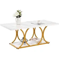 Vevor Soffbord, Modernt Soffbord i Marmorimitation, Stort Rektangulärt Mittbord med 2 Nivåer och Geometriska Ben, Minimalistiskt Robust Metallram Accentbord för Vardagsrum, Kontor, Enkel Montering, Vi