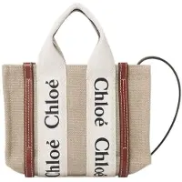 Chloé Woody Logotryck Linnecanvas och Kalvskinn Handväska Dam Handväskor Beige Brun CHC22AP237I2690U Basic Set (Bag+Dust Bag)