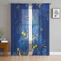 Household supplies MH Fjäril Blomma Blå Skira Gardiner för Vardagsrumsdekoration Fönstergardiner för Kök Tyll Voile Organza Gardiner W135 x H115cm x1 blue