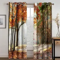 Household supplies MH 3D Skog Lönnlöv Naturlandskap Solnedgång Gröna Träd Design Tunn 2 Delar Gardiner för Vardagsrum Sovrum Fönster Draperi Dekor 50W130H(CM) 2PCS&Grommet Top