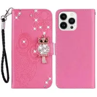 Mtp Products iPhone 15 Pro Max Plånboksfodral med uggla och strass - Varmrosa