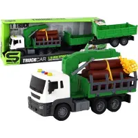 Leantoys lastbil med kran, släp, friktionsdrift, ljud, grön trä, 1:16