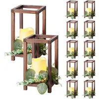 Vevor 12-set/36 st trälyktor mittpunktsdekoration för bröllop, inkluderar 12 trälyktor, 12 flamlösa LED-ljus, 12 eukalyptusbladskransar för bröllopsbordsfest, lantlig dekoration, brun