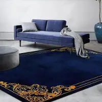 JGJG Modern Lyxdekoration Hem Blå Matta Gyllene Kant Halkfri Vardagsrumsmatta Mjuk Tvättbar Soffbordsmatta Sovrumsdekor 200*230cm
